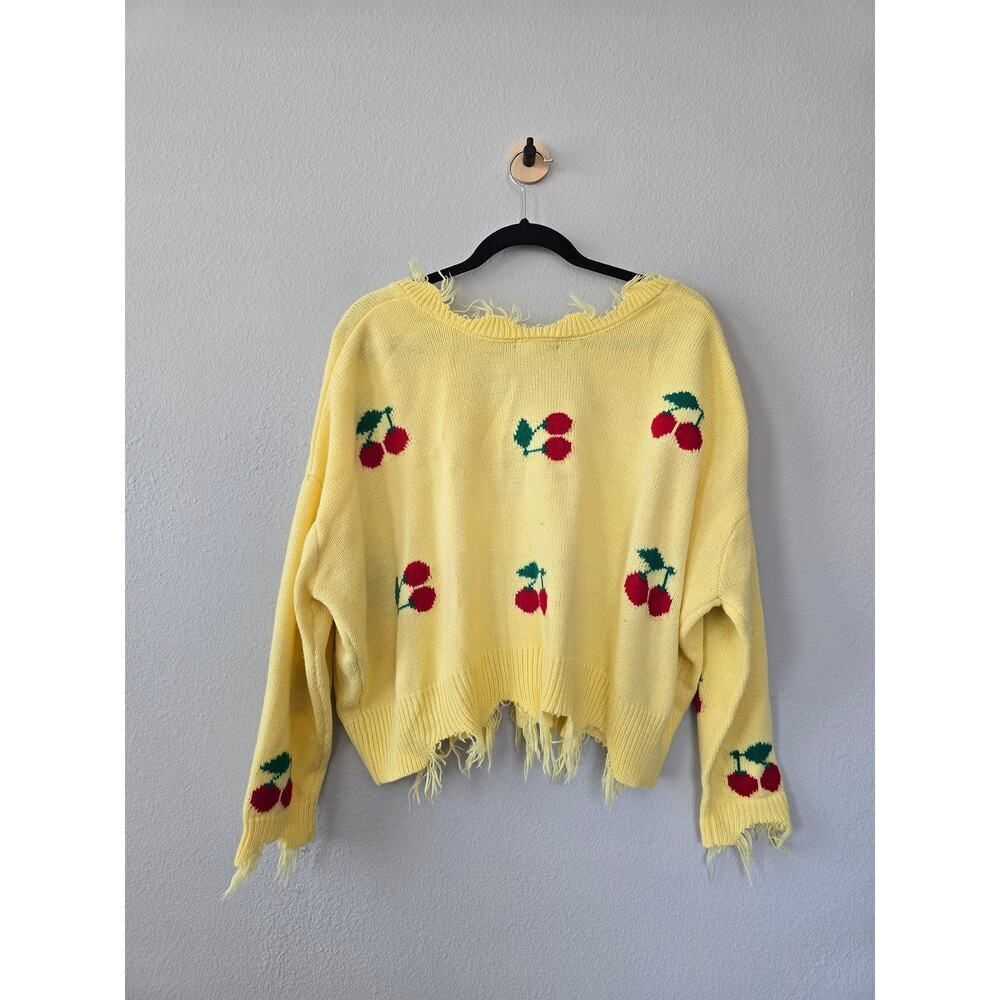 Just Polly Cherry Knit Sweater XL Distressed Y2K Grunge Yellow Fruit Oversized - Picture 5 of 8